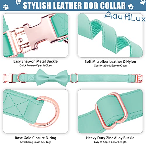 Soft Leather Bowtie Dog Collar - Adjustable Cute Bow Tie Collar [Easy to Clean] with Stylish Rose Gold Heavy Duty Metal Buckle for Small Medium Large Dogs Mint Green M - color: Mint Green, size: M(13.8"-19.7")