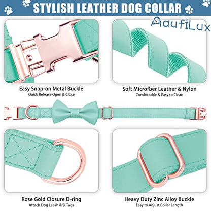 Soft Leather Bowtie Dog Collar - Adjustable Cute Bow Tie Collar [Easy to Clean] with Stylish Rose Gold Heavy Duty Metal Buckle for Small Medium Large Dogs Mint Green S - color: Mint Green, size: S(12.2"-16.9")