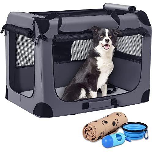 Petprsco Portable Dog Crate - 32"x23"x23" Collapsible Dog Travel Crate for Medium/Large Dogs with Soft Blanket, Foldable Bowl & Poop Bag Dispenser - Indoor & Outdoor Use - color: Gray, size: 32x23x23 Inch