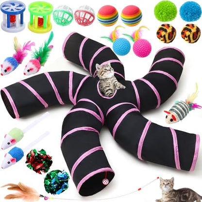 Poen 21 Pcs Cat Tunnel for Indoor Set Collapsible 5 Way Tubes with 20 Pcs Cat Kitten Toys Interactive Feather Toy Mouse Crinkle Balls Tube for Puppy Kitten Rabbit(Pink Black) - color: Pink Black