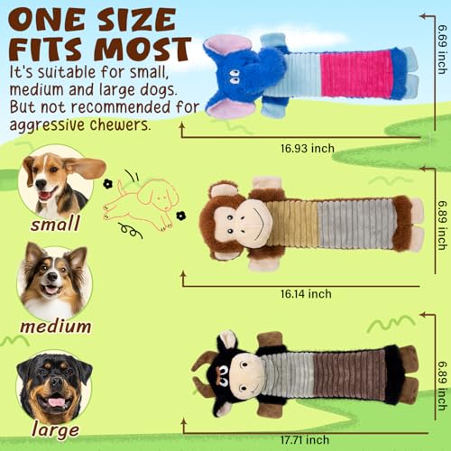 3 Pack No Stuffing Dog Squeaky Toys, Dog Chew Toys with Crinkle and Squeaker, Cute Animal PlushToys to Keep Them Busy, Suitable for Large, Medium and Small Breeds （Elephant&Monkey&Cattle - style: Elephant&Monkey&Cattle
