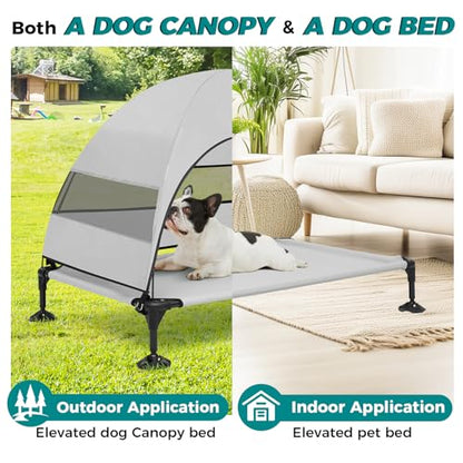 Windproof Elevated Dog Bed with Canopy & Stakes, 3-Sided 90% UV Block, Chew-Proof Teslin Mesh Mat for Large Dogs up to 150lbs(Grey Large) - color: Grey, size: Large