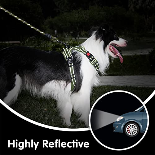 PoyPet No Pull Dog Harness and 5 Feet Leash Set, Release on Neck Reflective Adjustable Pet Vest, Front & Back 2 D-Ring and Soft Padded Pet Harness with Handle for Small to Large Dogs(Military Green,M) - color: Military Green, size: Medium