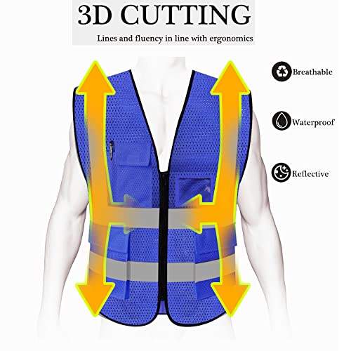 HYCOPROT High Visibility Mesh Safety Reflective Vest with Pockets and Zipper, Meets ANSI/ISEA Standards - color: Blue, size: Small