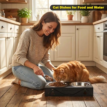 All-Metal Cat Food Bowl Raised, 5.5" WideTilted Whisker-Fatigue Pet Dish, Anti-Vomiting, 2 Stainless Steel Bowls for Food Water, Non-Slip Elevated Cat Feeding Stand for Indoor Multi Cats,Puppy, Black - color: Black-1