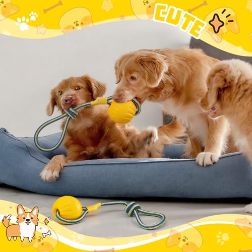 Hsei 2 Pcs Large Dog Ball on a Rope Rubber Dog Toy with Handle Ball Yellow Floats in Water for Tug Training Rewards Interactive Pet Fetch Catch Throw Outdoor Puppy Teething Medium Pet - size: Large