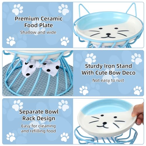 Elevated Cat Food Dishes, Whisker-Friendly Cat Plates with Metal Stand for Food and Water, Anti-Vomit, Non-Slip Feeding Station for Indoor Cats, Kitte - color: White