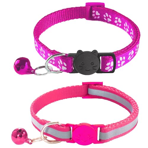 2 Pack Breakaway Cat Collars with Bells, Reflective Design and Claw Print Design, Safety Buckle Kitten Collars Adjustable from 7.5 to 12.5 Inches (Rose) - color: Rose