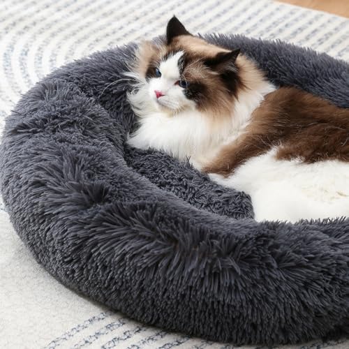 Plush Donut Cat Bed and Dog Bed Round Calming Pet Beds Fluffy Rabbit Cave Warm Dog Couch Non Slip Bottom for Pets Up to 10KG - size: 23.6INCH