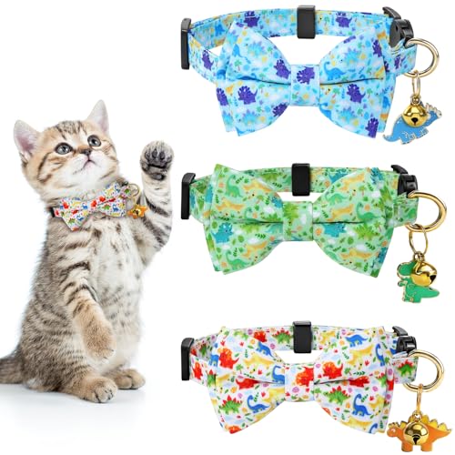 3 PCS Cat Collars with Bow Tie and Bell, Cat Collars Dinosaurs Pattern Breakaway Adjustable Cat Bow Tie Collars, Cute Bow Tie Suitable for Kittens Or Certain Puppies - color: Dinosaurs