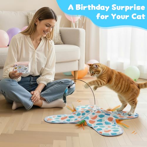 Interactive Cat Toys with Bird, Hide and Seek Cat Toy, 2 in 1 Automatic Moving Concealed Feathers for Indoor Cats, Non-Slip Suction, Touch Activated, USB Rechargeable, Blue - color: Blue-with Bird