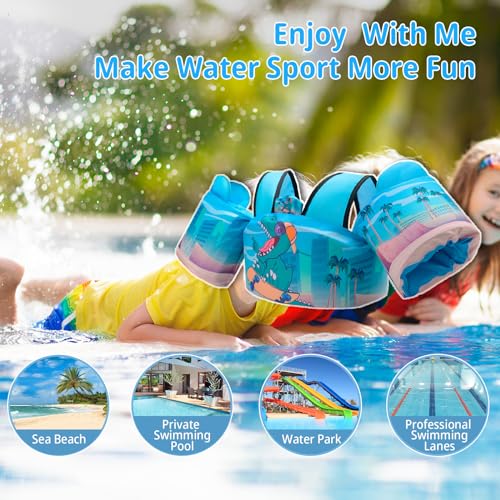 Toddler Swim Vest Floaties for 22-66 lbs / 2-6 Y Kids Swim Jacket with Adjustable Safety Buckle Arm Wings Swim Training for Boys and Girls Beach Boating Pool Floats - color: Dinosaur