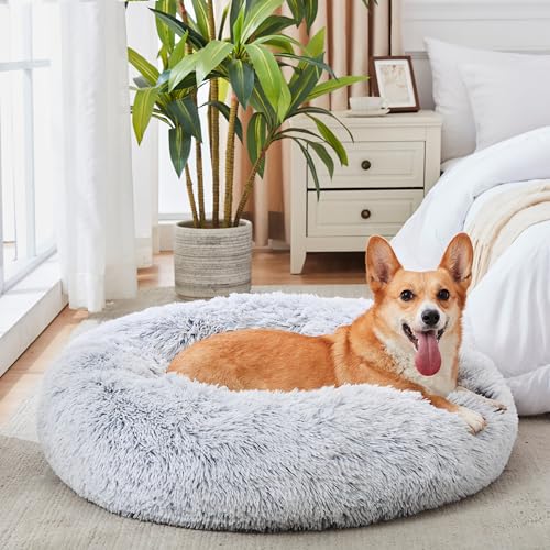 WESTERN HOME WH Calming Dog & Cat Bed, Anti-Anxiety Donut Cuddler Warming Cozy Soft Round Bed, Fluffy Faux Fur Plush Cushion Bed for Small Medium Dogs and Cats (20"/24"/27"/30") - color: Light Grey, size: 30.0"l x 30.0"w x 8.0"th