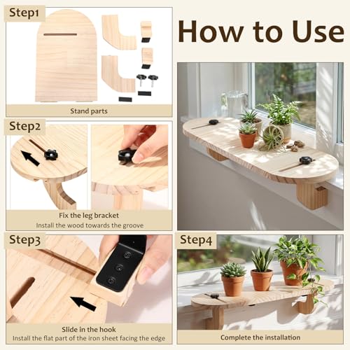 1 Pcs Natural Window Sill Plant Shelf for Plants 21.7 x 7.1 x 5.9 Inch Windowsill Extender Window Plant Floating Shelves No Drilling Wooden Bracket for Cat Perch Planters (Rounded Corner) - size: Rounded Corner