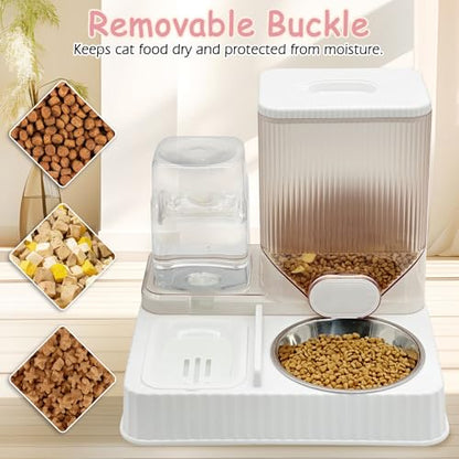 Fhiny Gravity Cat Feeder & Water Dispenser, 2 in 1 Automatic Puppy Waterer Removable Stainless Steel Food Bowls Set Self Feeding Pet Food Storage for Cat Kitten Puppy Easy Clean (White) - color: White-Metal Bowl