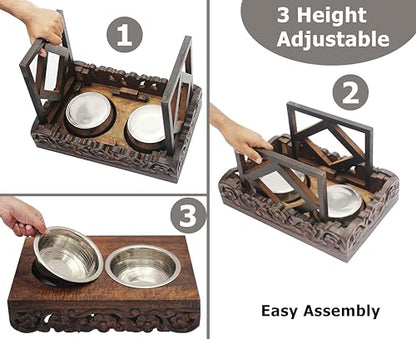 Elevated Pet Feeder for Dogs and Cats - The Bali Carved Wood Pet Feeding Stand with Two Stainless Steel Bowls - Three Heights Adjustable Raised Dog Bowl - Food Water Pet Feeding Station - IRONGATE - color: The Bali Hand Carved Wood - Adjustable