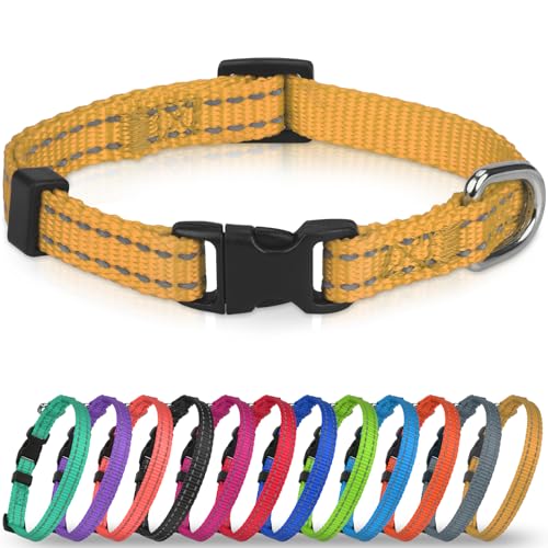 Joytale Puppy Collar, Feather-Light Double-Sided Reflective Nylon Collar for Night Safety, Adjustable Quick-Release for Extra Small Dogs, Khaki, XS (3/8" Width) - color: Khaki, size: XS: Width 3/8", Neck 8-12"