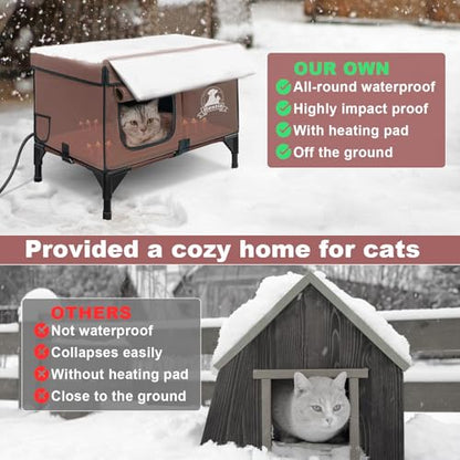 Heated Cat Houses for Outside Cats,Elevated Base Cat-Attracting Eave Design,Feral Stray Shelter Waterproof in Winter Garage Yard Porch,Cat Heated House for Indoor Outdoor(21" x 13" x 17")
