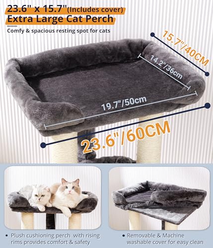 Happi N Pets 28" Cat Tree, Large Bed for Big Cats, Small Cat Tower with Soft Perch for Window Viewing, Stable Cat Tree Tower, Cat Scratching Post with Hammock, Removable Cover-Gray - color: Gray