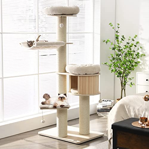 Tangkula Modern Cat Tree, Multi-Level Large Cat Tower with Condo, Hammocks & Hanging Basket, Tall Cat Tree with Sisal Posts, Washable Cushions, Wood Cat Trees and Towers for Indoor Large Cats - color: Natural, size: 68.5 Inches