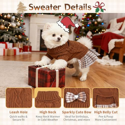 Hpetppy Dog Sweater Dress with Bowtie Turtleneck Warm Pullover Pet Sweater Soft Comfy Knitwear Dog Sweaters for Small Dogs Girl Pet Winter Clothes Cat Apparel with Leash Hole (Brown M) - color: Brown, size: Medium (9-15lbs)