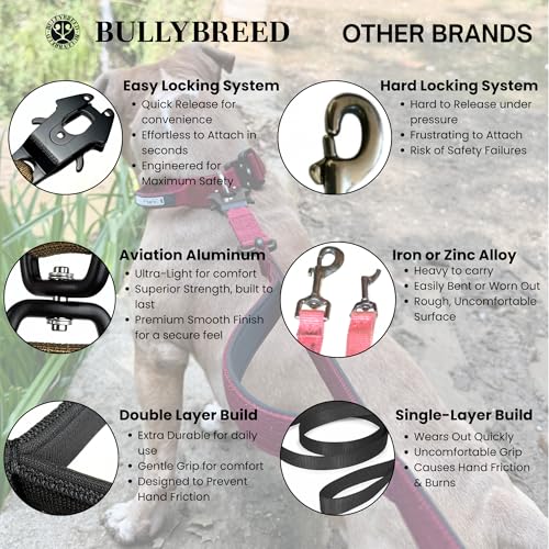 BULLYBREED | Heavy Duty Dog Leash, Tactical Dog Leash, Quick Release Frog Clip with Anti-Tangling Swivel System for Large Dogs that Pull with Soft Double Handles (5 FT Long, Pink) - color: Light Pink Double Handle