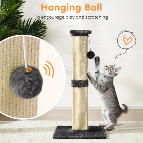 32" Tall Cat Scratching Post, Cat Scratcher with Heavy Duty Thick Wood Base, Cat Tower with Natural Sisal Rope and Hanging Ball, Plant-Like Design Scratching Post, for Small and Adult Kittens, Grey - color: Dark Grey
