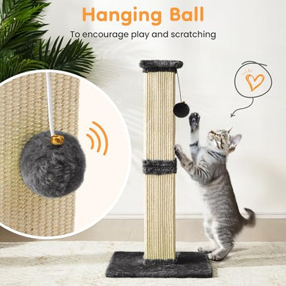 32" Tall Cat Scratching Post, Cat Scratcher with Heavy Duty Thick Wood Base, Cat Tower with Natural Sisal Rope and Hanging Ball, Plant-Like Design Scratching Post, for Small and Adult Kittens, Grey - color: Dark Grey