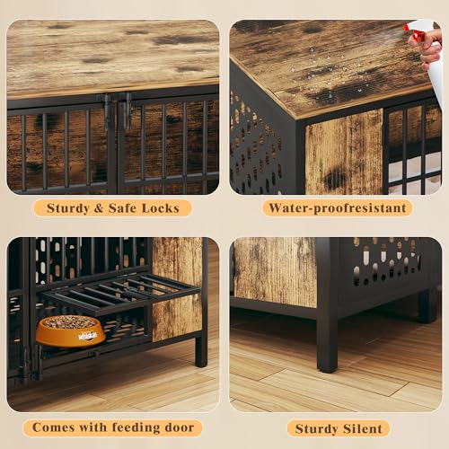 Dog Kennel Large Dogs Furniture with Hook, Heavy Duty Dog Crate Indoor for Extra Large Dogs, Escape-Proof and Chew-Proof Dog Cage for high Anxiety Dog, Rustic Brown Cage as TV Stand - size: 47.3"L x 31.5"W x 32.3"H