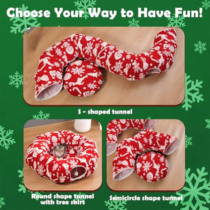Cat Tunnel Christmas Tree Skirt for Indoor Cats with Bed,Christmas Cat Tunnel Peekaboo Cave Play Christmas Tree Cat Tunnels,Cute Cat Donut Toys Tunnel Skirt Hideout Under Tree (Red 2) - color: Red 2