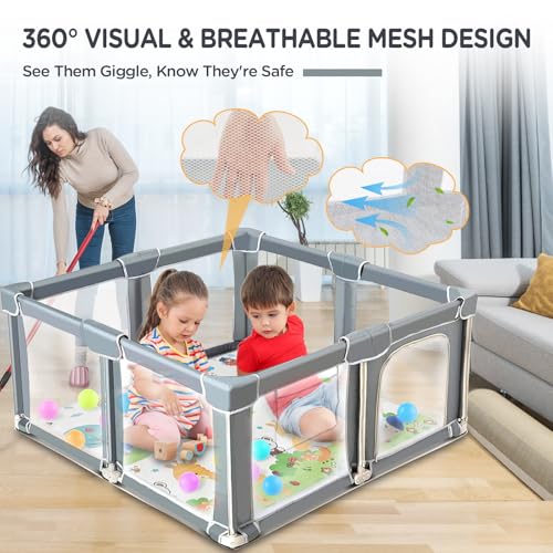 CAPAKIDS Foldable Baby Playpen 50"x50" with Mat, Out-of-The-Box Ready Playpen for Babies and Toddlers, Portable Play Yard with Breathable Mesh & Gates, Storage Bag & 4 Handlers for Indoor & Outdoor - size: 50"x50" with Mat