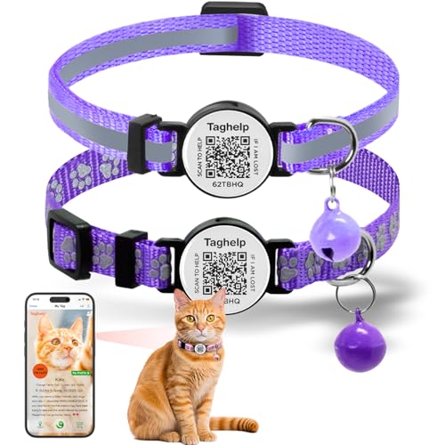 Smart Lost Pet Solution: QR Code Cat Collar Breakaway with Online ID, 2 Pack Reflective Adjustable Collar with Bells (7.5-12.5 Inch) for Indoor/Outdoor Cats, Purple by TAGHELP - color: reflective strip & Paw pattern - Purple, size: Collar Only