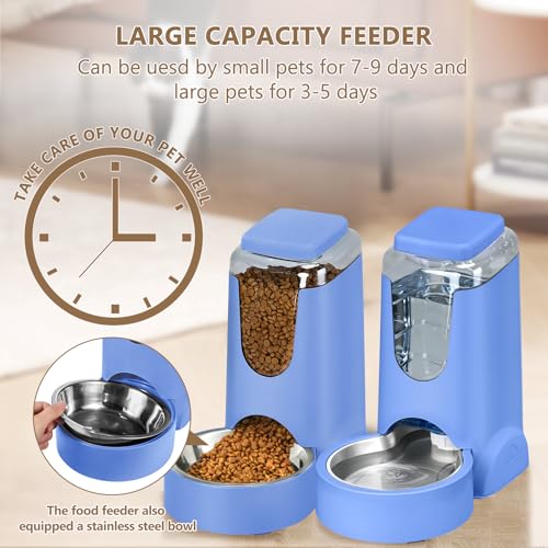HWONMTE Portable Automatic Cat Feeder and Water Dispenser with Stainless Steel Bowl Dog Gravity Food Feeder and Waterer for Small Medium Pets Puppy Kitten 1 Gallon x 2 (Sapphire Blue) - color: Sapphire Blue