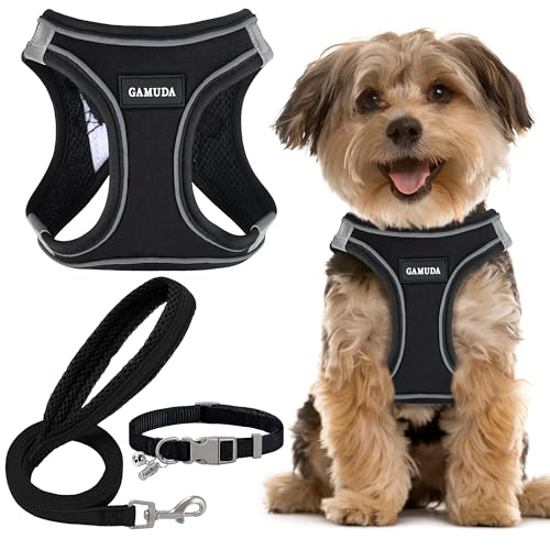 Small Dog Harness Collar and Leash Set, Step in No Chock No Pull Linen Fabric Soft Mesh Dog Vest Harnesses Reflective for Dogs Puppy Cats Kitten Rabbit (Black, XS) - color: Black, size: X-Small