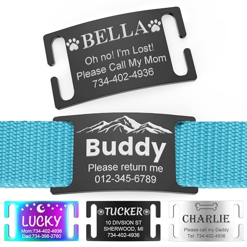 Dog Tags Personalized for Pets - No Noise Slide On Stainless Steel Pet ID Tag for Dogs Cats Collar- Engraved Name Plate with Laser - Optional Icon Art Design (Black) - color: Black