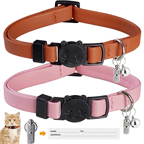 WROSWT Upgrade Breakaway Cat Collar with Bells, Soft Leather Kitten Collars with Name Tag,Safety Adjustable Buckle,Lightweight,Ideal for Girl Boy Cats,Puppies,2 Pack (Pink+Orange) - color: Pink + Orange