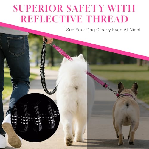 Double Dog Leash Coupler, 360° Swivel No Tangle for Two Dogs, Reflective Shock-Absorbing Bungee, Adjustable Heavy Duty Split Lead for Different Size Pups
