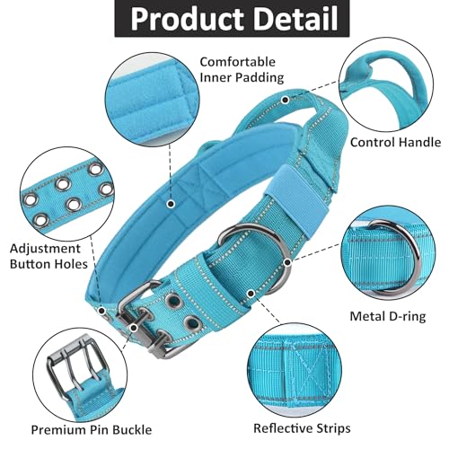 Tactical Dog Collar with Control Handle, Military Adjustable Pet Collar Reflective Heavy Metal Buckle Dog Collar, Soft Nylon Training Collar for Medium Large Dogs (Blue, Medium) - color: Blue, size: Medium