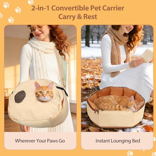 2-in-1 Convertible Pet Sling Carrier & Bed - with Breathable Mesh, Adjustable Strap & Pocket，for Travel, Vet Visit & Home Use, Up to 22lbs (KAKI) - color: KAKI