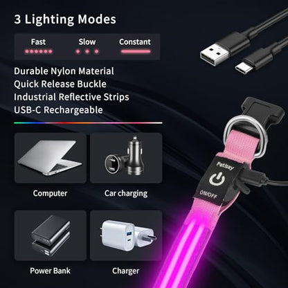 Dog Light up Collar for Night Walking - High Visibility LED Dog Collar - Rechargeable - Waterproof - Reflective - Adjustable Lighted Glow Collars(Pink, Large) - color: Pink, size: Large (18" - 23")