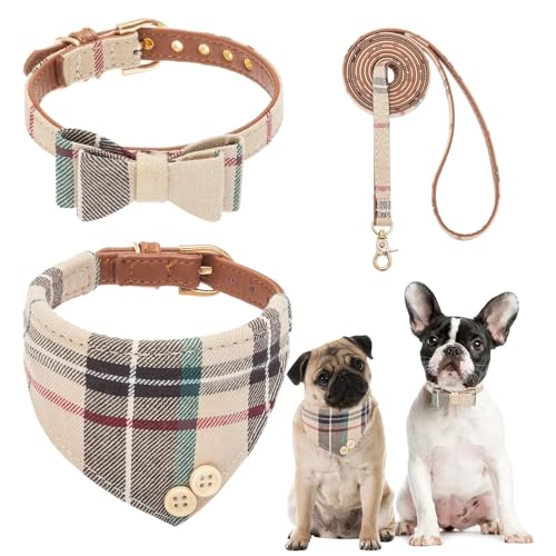 BINGPET Puppy Collar and Leash Set for Medium Dogs, Plaid Bowtie Dog Collars Bandana for Boy Girl Dogs, Cute Adjustable Collar and Leash Set with Bow for Dog Cat Outdoor Walking, Beige M (No Bell) - color: Beige, size: M(Neck Girth 11"-16")