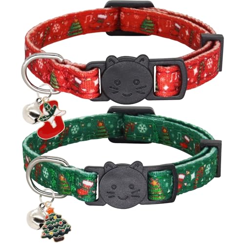 Christmas Cat Collar, Cotton 2 Pack Cat Collar with Bells, Breakaway Collars for Girl Boy Kittens, Christmas - color: Christmas