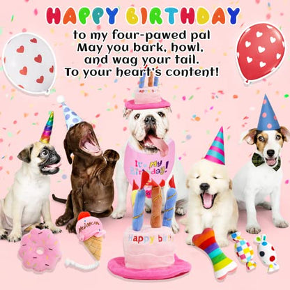 lilfrd Dog Birthday Toys Girl, Squeaky Plush Birthday Cake Hat Bandana, Birthday Gifts for Small & Medium Dog, 9 Pack Pink - style: Pink Birthday Pack