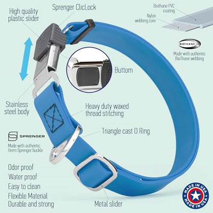 Biothane Waterproof Durable Dog Collar with Herm Sprenger - Quick Release ClicLock Buckle - Fits Medium and Large Dogs - Made in USA (Cerulean Blue, W 1" x L 15"-25") - color: Cerulean Blue, size: W 1" x L 15"-25"