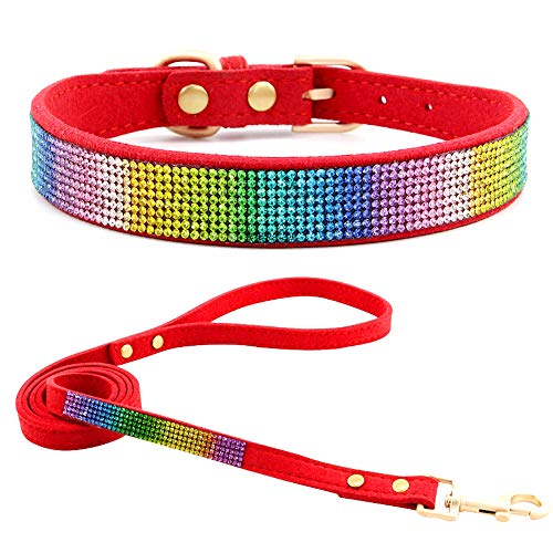 Rhinestone Bling Leather Dog Collar and Leash Set, Cute Dazzling Sparkling Soft Velvet Dog Cat Collar Crystal Diamond Puppy Collar (XS, Red2) - color: Red2, size: XS