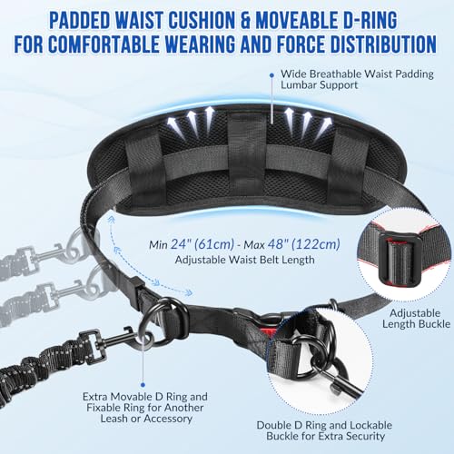 AUTOWT Hands Free Dog Leash for 2 Dogs, Adjustable Waist Belt with Zipper Pouch, Dual Handle Retractable Elastic Bungee with Reflective Stitches for Medium and Large Dogs Training Running - size: Large
