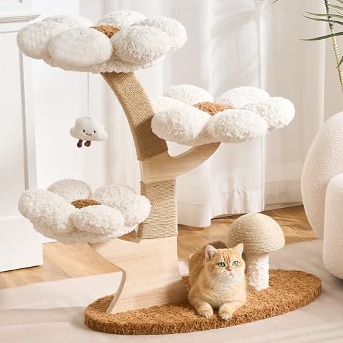 797Audio Flower Cat Tree, 37" Wood Branch Cat Tower, White Cloud Cat Tree with Scratching Post for Indoor Adult Cats, Luxury Cat Tree with Mushroom Cat Scratcher & Interactive Squeaky Toy - color: White, size: 37"-Mushroom