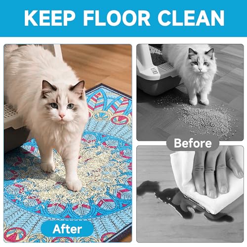 Cat Litter Mat, 24" x 16" Litter Box mat, Traps 100% Litter, Non-Slip Kitty Litter Trapping mats, Small Cute Litter mat, Easy Clean for Scatter Control, Bohe cat Food mat, Urine Waterproof - color: Blue Medallion, size: Small（24"x16"）