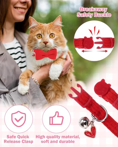 Cat Collar Breakaway with Bells, Soft Cotton Pink Cat Bowtie Collar for Girl Cats, Small Cats Collar with Bow for Spring Summer, 2 Pack Cute Kitten Collars with Removable Bowtie 8-12Inch - color: Red + Pink