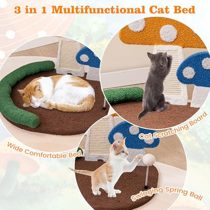 Tangkula Mushroom Cat Bed, Cat Claw Scratcher with Wide Large Platform, Sisal Scratching Panel, Spring Ball, PP Cotton Padded Headrest, Cat Tree House with Interactive Toys for Kittens - size: 17 Inch
